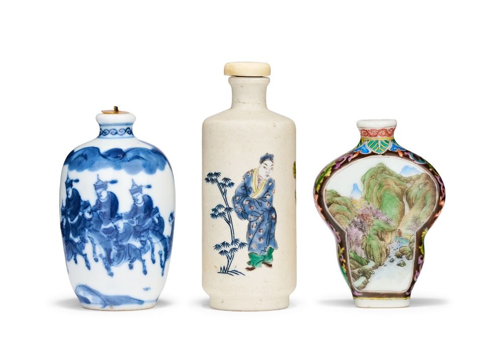 THREE CHINESE SNUFF BOTTLES, UNDERGLAED BLUE & FAMILLE ROSE, QING DYNASTY (1644-1911) (1 of 4)