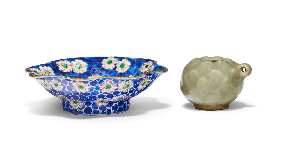 A CHINESE LOTUS FOOTED DISH JIAQING (1796-1820) & CELADON WATER DROPPER, MING DYNASTY & LATER (1 of 6)