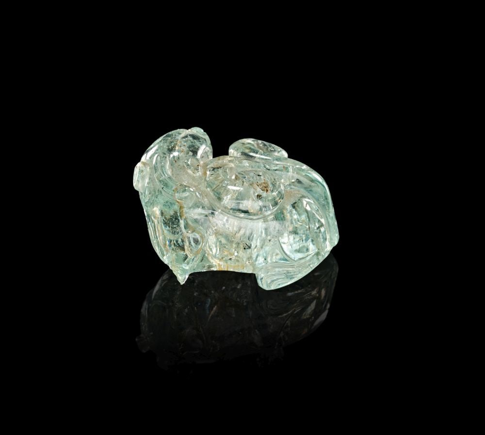 A CHINESE AQUAMARINE RECUMBENT MYTHICAL BEAST, PROBABLY A QILIN, 19TH CENTURY, QING DYNASTY (1644-19 (1 of 4)