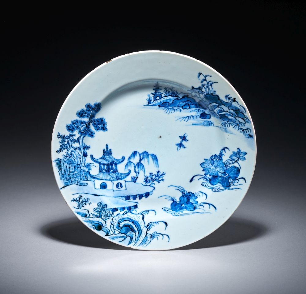 A CHINESE BLUE & WHITE LANDSCAPE DISH, YONGZHENG (1723-1735) (1 of 3)