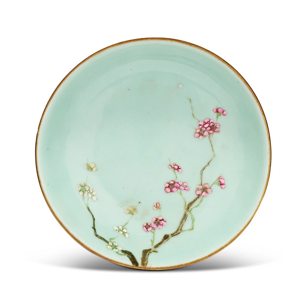 A FAMILLE ROSE CELADON-GROUND 'BLOSSOM' DISH, QIANLONG (1736-1795) (1 of 4)
