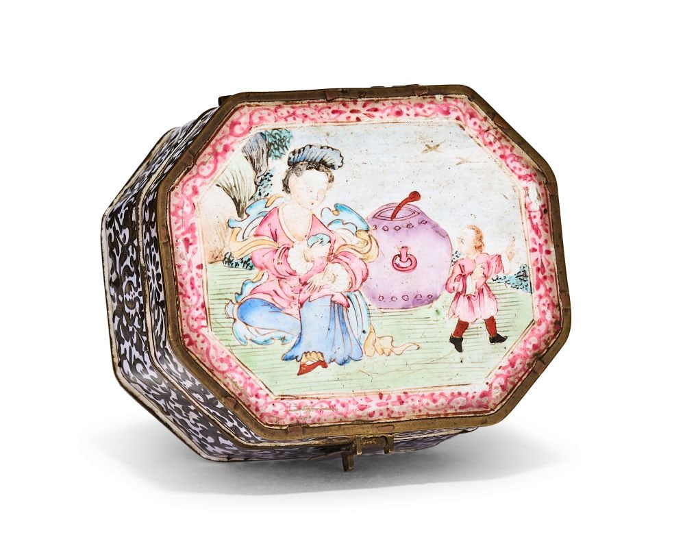 A CHINESE ENAMEL EUROPEAN SUBJECT LIDDED BOX, QIANLONG (1736-1795) (1 of 6)