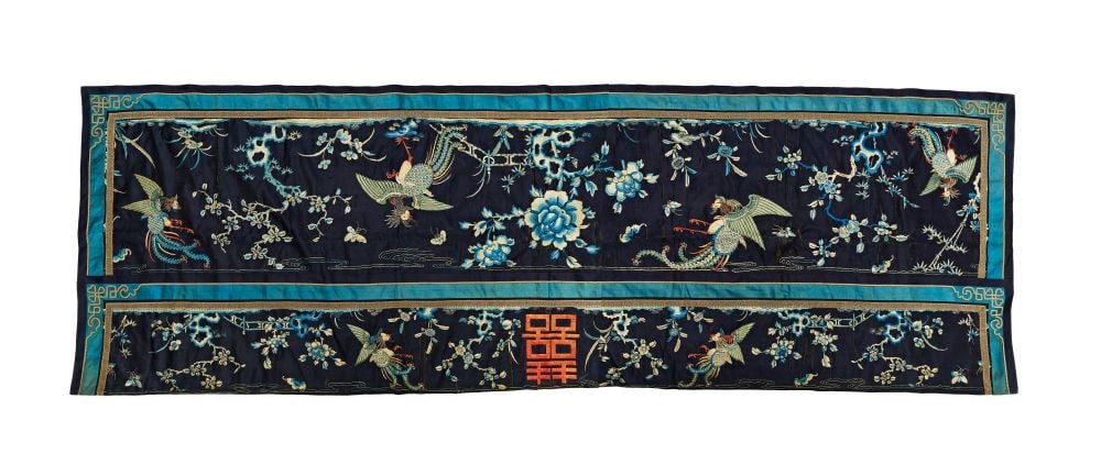 A CHINESE BLUE GROUND SILK HANGING, 18TH CENTURY (1 of 5)