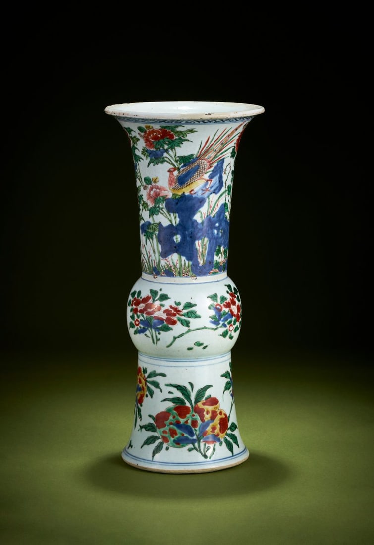 A CHINESE WUCAI PHEASANT GU BEAKER VASE, SHUNZHI (1644-1661) (1 of 3)