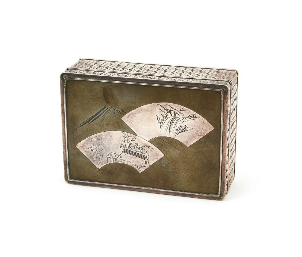 A JAPANESE SILVER & MIX METAL LIDDED RECTANGULAR BOX, MEIJI PERIOD (1868-1912) (1 of 3)