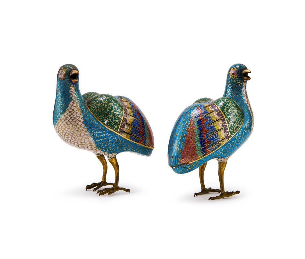 A PAIR OF CLOISONNÉ ENAMEL ‘QUAIL’ FIGURES 18th Century: A PAIR OF CLOISONNÉ ENAMEL ‘QUAIL’ FIGURES 18th Century Modelled as a match