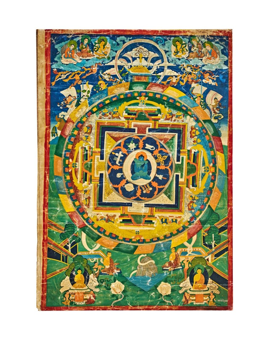 A THANGKA MANDALA OF A DEITY CHINA, QING DYNASTY, 19TH CENTURY: A THANGKA MANDALA OF A DEITY CHINA, QING DYNASTY, 19TH CENTURY The thangka is painted in vivid mineral colours on a rectangular cloth support, the composition centred on a complex mandala enclosing a 