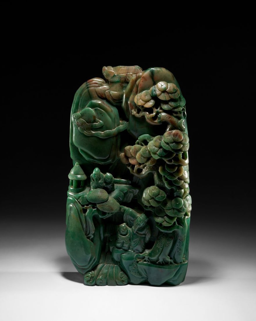A LARGE CARVED CHINESE JADEITE BOULDER IN THE FORM OF A MOUNTAIN, 19TH CENTURY (1 of 5)