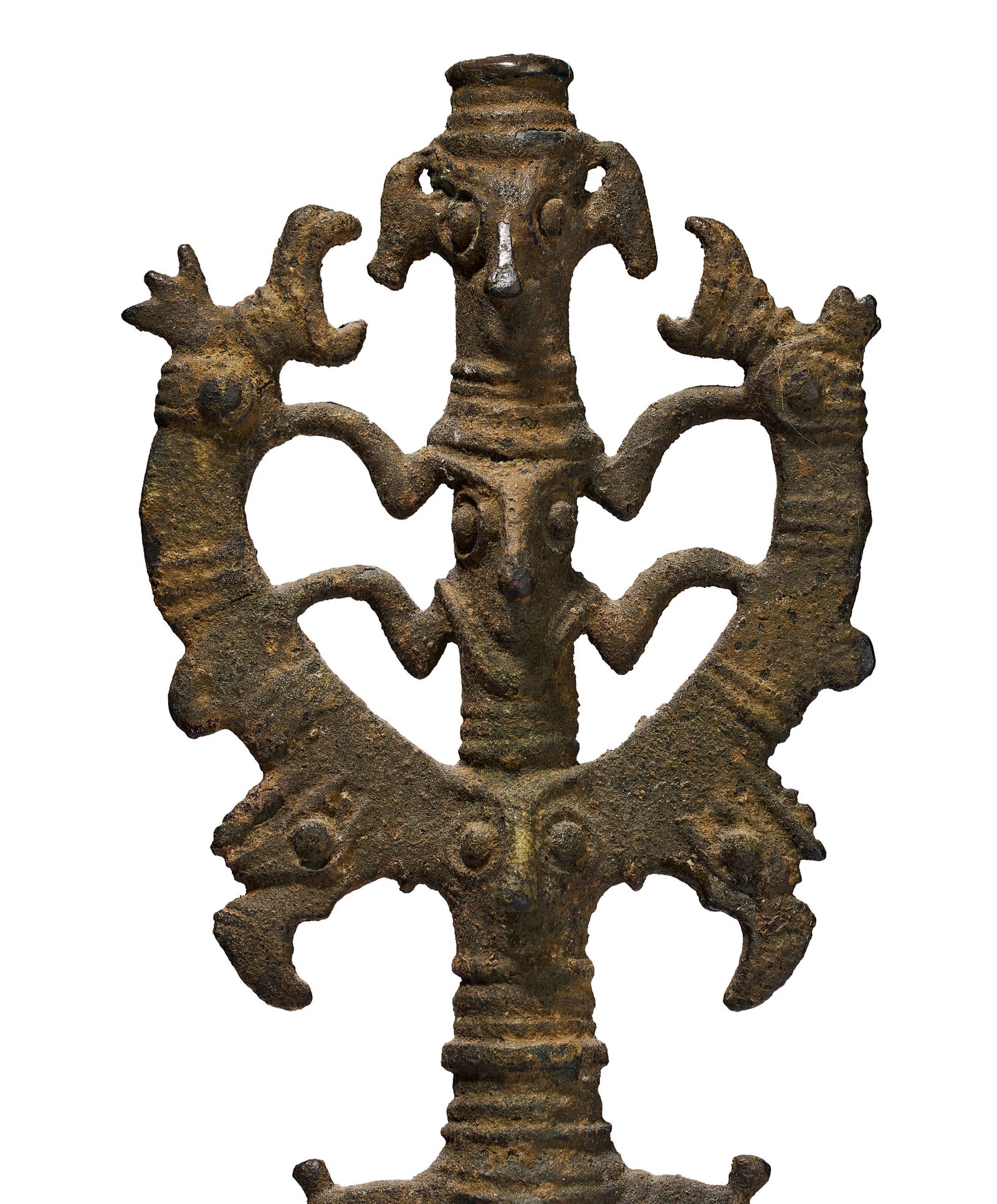 A LURISTAN BRONZE MASTER-OF-ANIMALS FINIAL CIRCA EARLY 1ST MILLENNIUM B.C.: A LURISTAN BRONZE MASTER-OF-ANIMALS FINIAL, WESTERN IRAN, CIRCA EARLY 1ST MILLENNIUM B.C.Cast in openwork bronze, the finial rises in two tiers from a tapering shaft set into a modern display base. Th