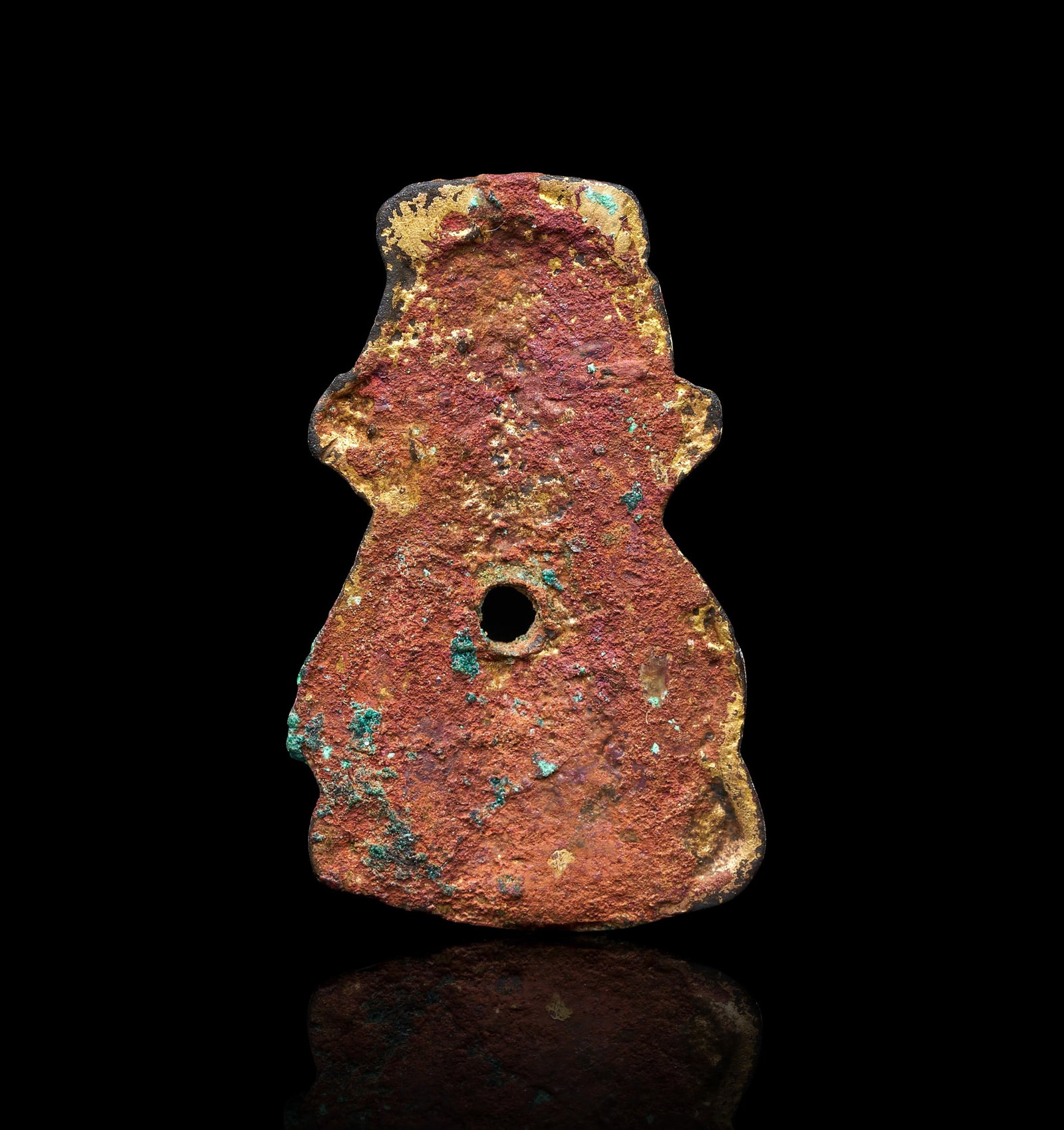 A SOGDIAN GILT COPPER-ALLOY REPOUSSÉ AMULET, CENTRAL ASIA, CIRCA 6TH-8TH CENTURY: A SOGDIAN GILT COPPER-ALLOY REPOUSSÉ AMULET, CENTRAL ASIA, CIRCA 6TH-8TH CENTURYOf small vertical format, worked in repoussé from a thin sheet and showing a frontal bust set beneath a stepped crown 