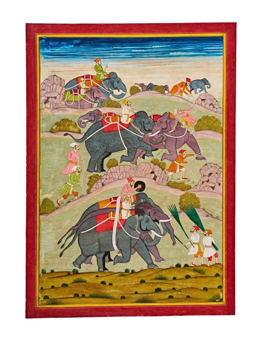 RAMPAGING ELEPHANTS BEING TRAINED, MEWAR SCHOOL, RAJASTHAN, 19TH CENTURY: RAMPAGING ELEPHANTS BEING TRAINED, MEWAR SCHOOL, RAJASTHAN, 19TH CENTURY Length x Width: 44.5 x 32cm Folio: 41 x 28cm This miniature painting from the Mewar School of Rajasthan vividly depicts the dra
