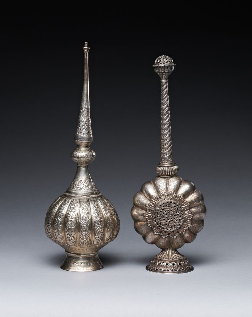 TWO MUGHAL SILVER ROSE WATER SPRINKLERS, 18TH/19TH CENTURY, INDIA (1 of 7)