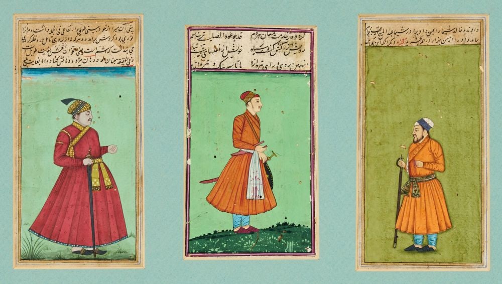 A SET OF THREE INDIAN WATERCOLOUR PORTRAIT PAINTINGS, 19TH CENTURY, INDIA: A SET OF THREE INDIAN WATERCOLOUR PORTRAIT PAINTINGS, INDIA, 19TH CENTURY Each miniature depicting a standing male figure in profile, set against a plain ground and enclosed within a ruled border, wit