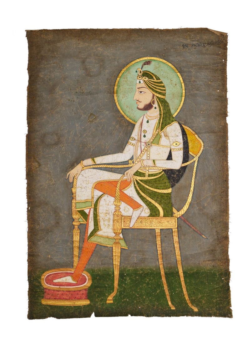 A PORTRAIT OF MAHARAJA NAUNIHAL SINGH, PUNJAB PLAINS, NORTH INDIA, 19TH CENTURY: A PORTRAIT OF MAHARAJA NAUNIHAL SINGH, PUNJAB PLAINS, NORTH INDIA, 19TH CENTURY Painted in opaque pigments and gold on cloth, the ruler shown in strict profile to the left, seated on a slender gilt Eu