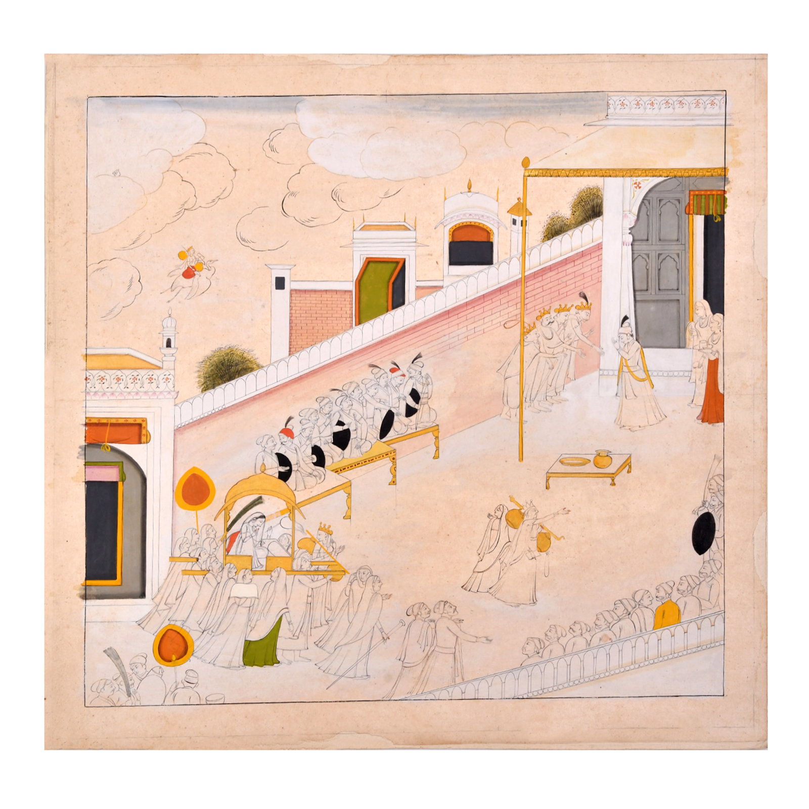 A KANGRA PARTIALLY-COLOURED DRAWING FROM A NALA AND DAMAYANTI SERIES, PUNJAB HILLS, 19TH CENTURY: A KANGRA PARTIALLY-COLOURED DRAWING FROM A NALA AND DAMAYANTI SERIES, PUNJAB HILLS, 19TH CENTURY Ink and light opaque watercolour with touches of gold on paper, the composition rising diagonally from 