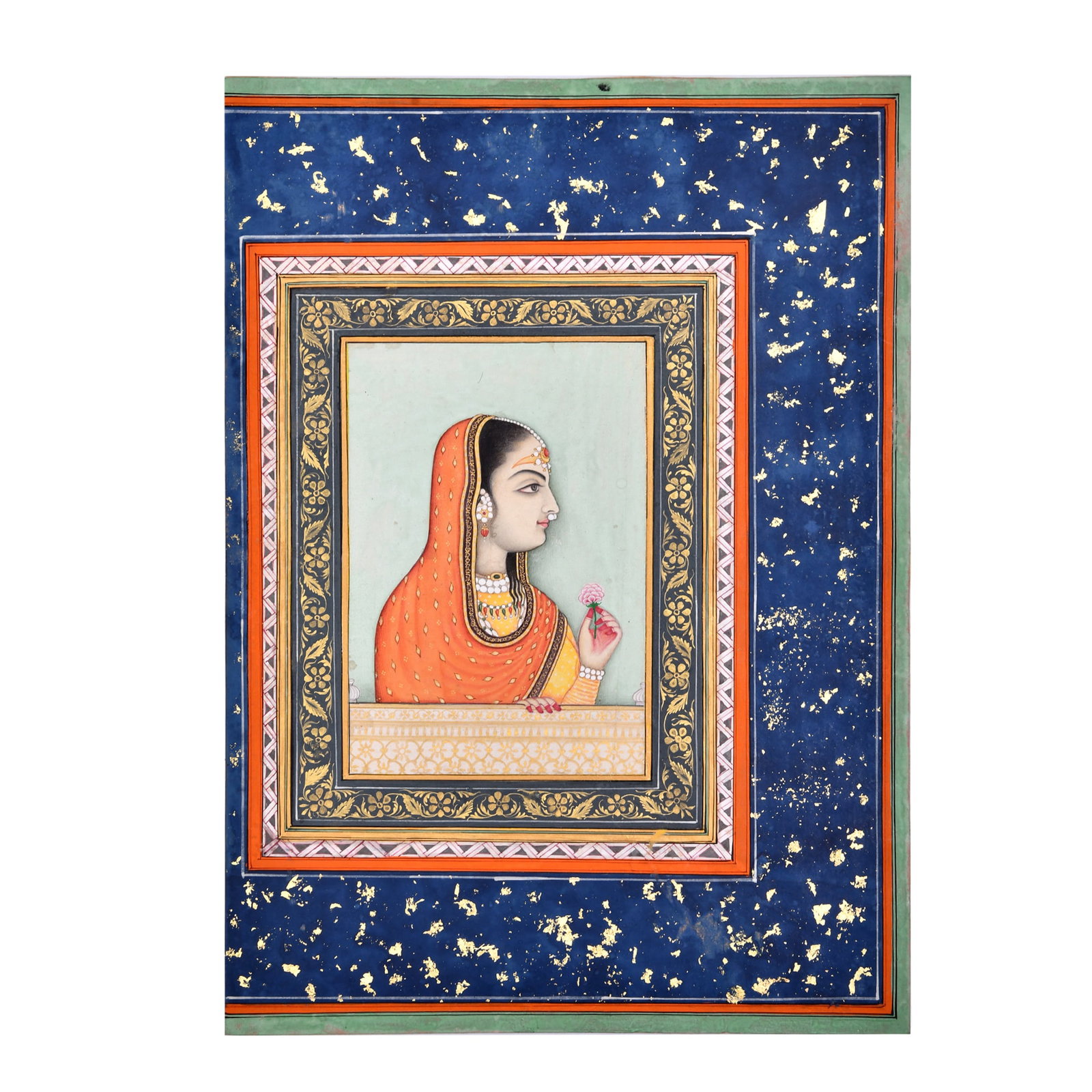 A MUGHAL PRINCESS IN A JHAROKHA, PROVINCIAL MUGHAL, 19TH CENTURY: A MUGHAL PRINCESS IN A JHAROKHA, PROVINCIAL MUGHAL, 19TH CENTURY Opaque watercolour and gold on paper, depicting a young woman shown in bust-length profile to the right, framed within a jharokha windo