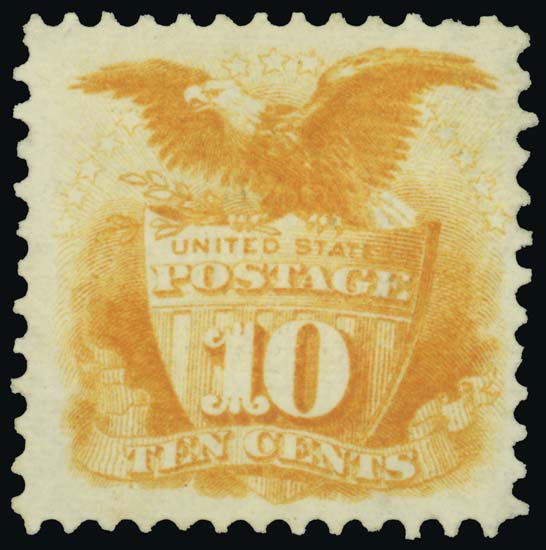 116, VF-XF, (85): 1869 Pictorial 10c Shield and Eagle, Original Gum, Lightly Hinged, Tremendous mint example with beautiful deep rich color, An outstanding well centered example with nice wide margins, A PF graded cert