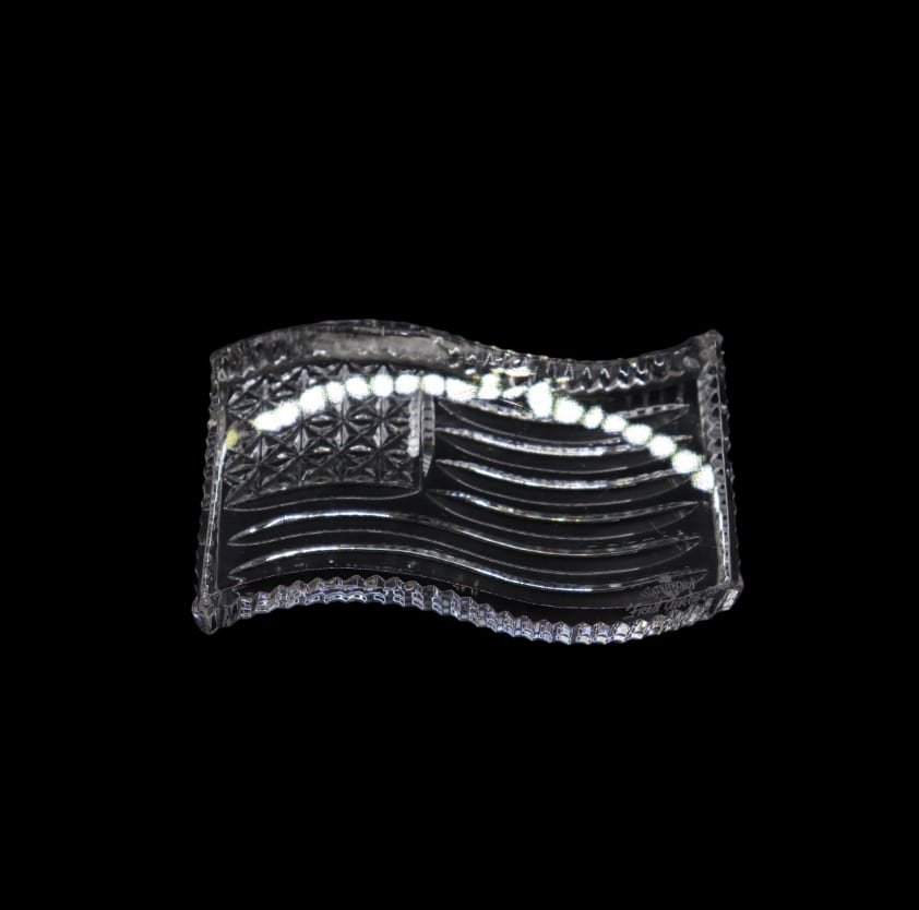 Waterford Crystal American Flag Paperweight - Engraved: Lovely Waterford Crystal paperweight in the shape of the American flag in good vintage condition with no noticeable damage, no deep scratches, no cracks and no repairs. The piece does have a name and