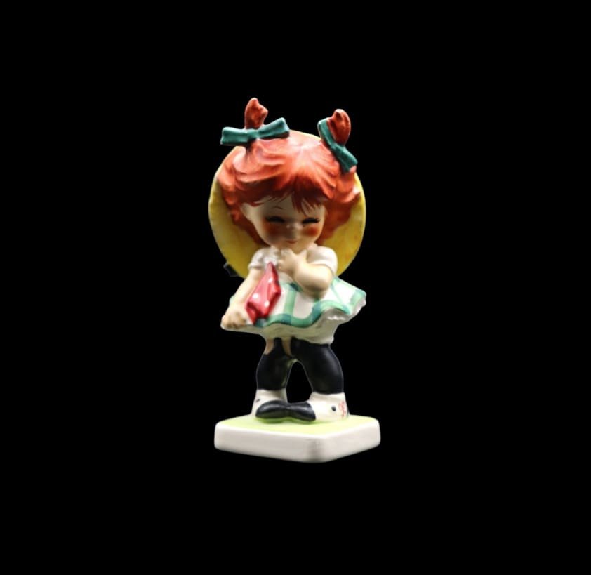 Goebel “Little Miss Coy” Figurine - Red Heads Collection - TMK6: Cute Goebel Germany porcelain figurine titled Little Miss Coy from the Red Heads collection released in 1957 and retired in 1988. It is designed by the artist Charlot Byj and is TMK6. This piece is in