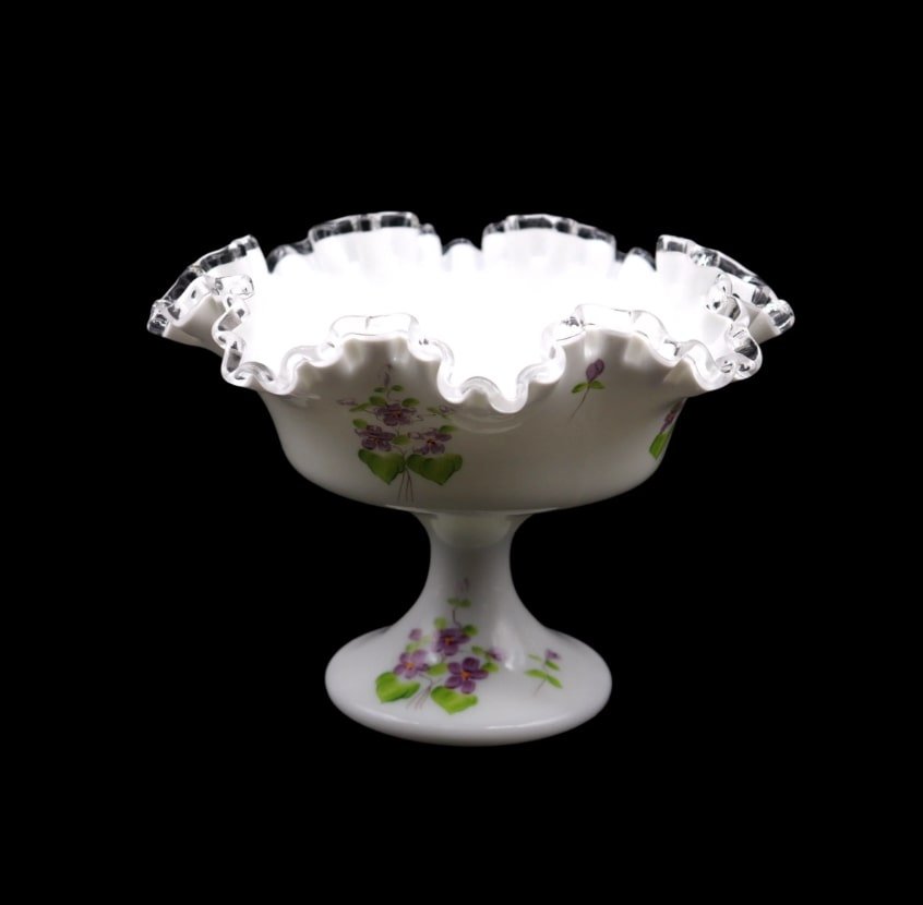 Fenton Art Glass “Violets in the Snow” Silver Crest Ruffled Pedestal Compote - SIGNED (1 of 7)