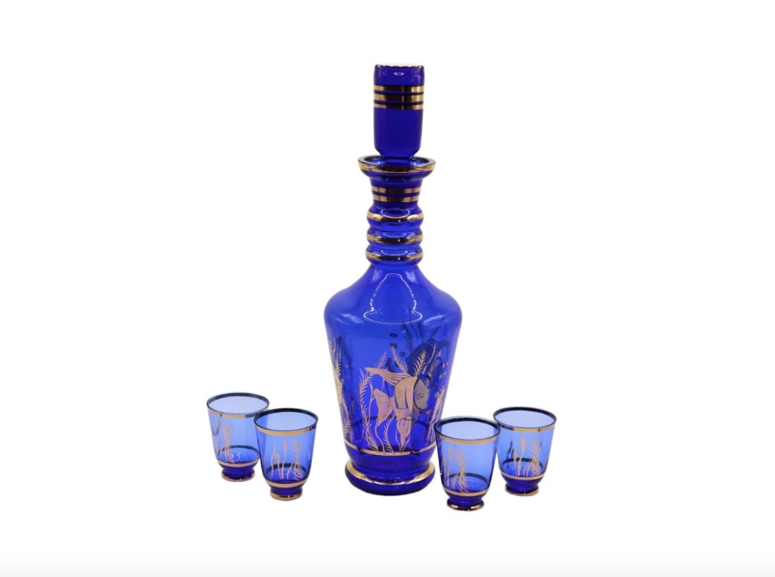 Mid Century Modern Czech Bohemian Cobalt Blue Enameled Glass Decanter and Glasses (1 of 7)