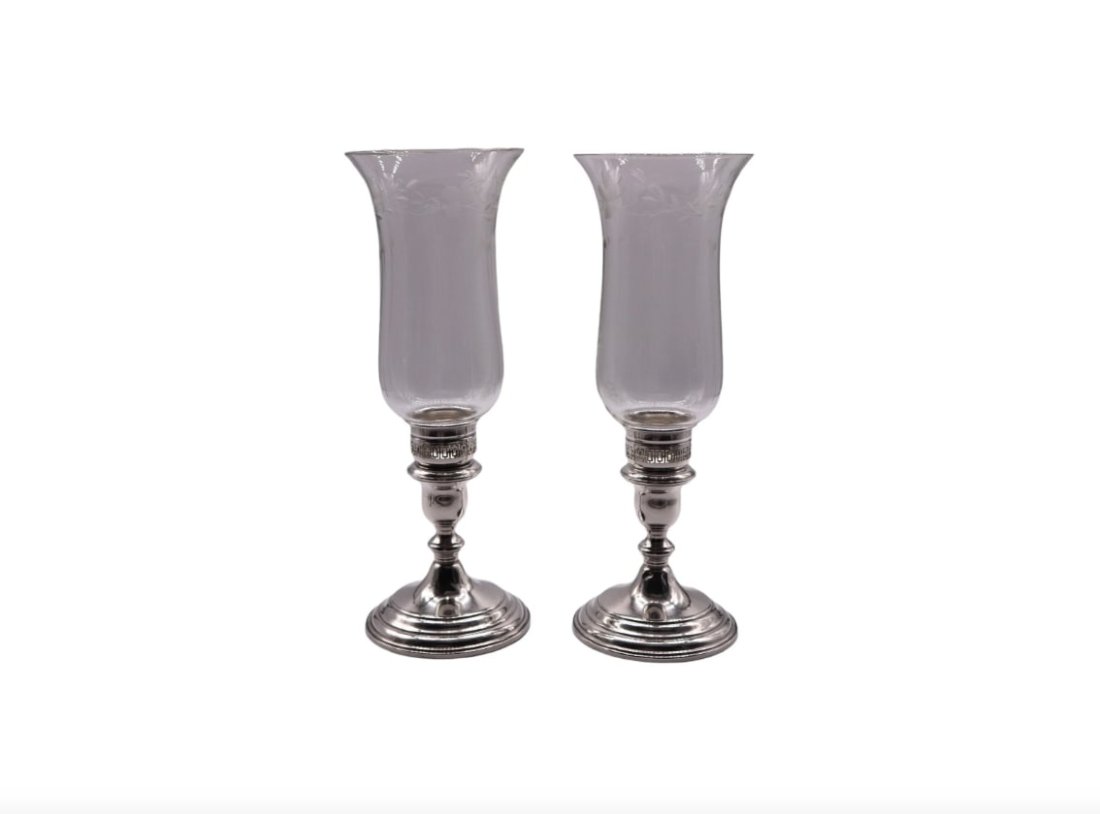RARE Schweitzer Silver Corp. Sterling Silver & Etched Glass Hurricane Lamps - Set of 2 (1 of 10)