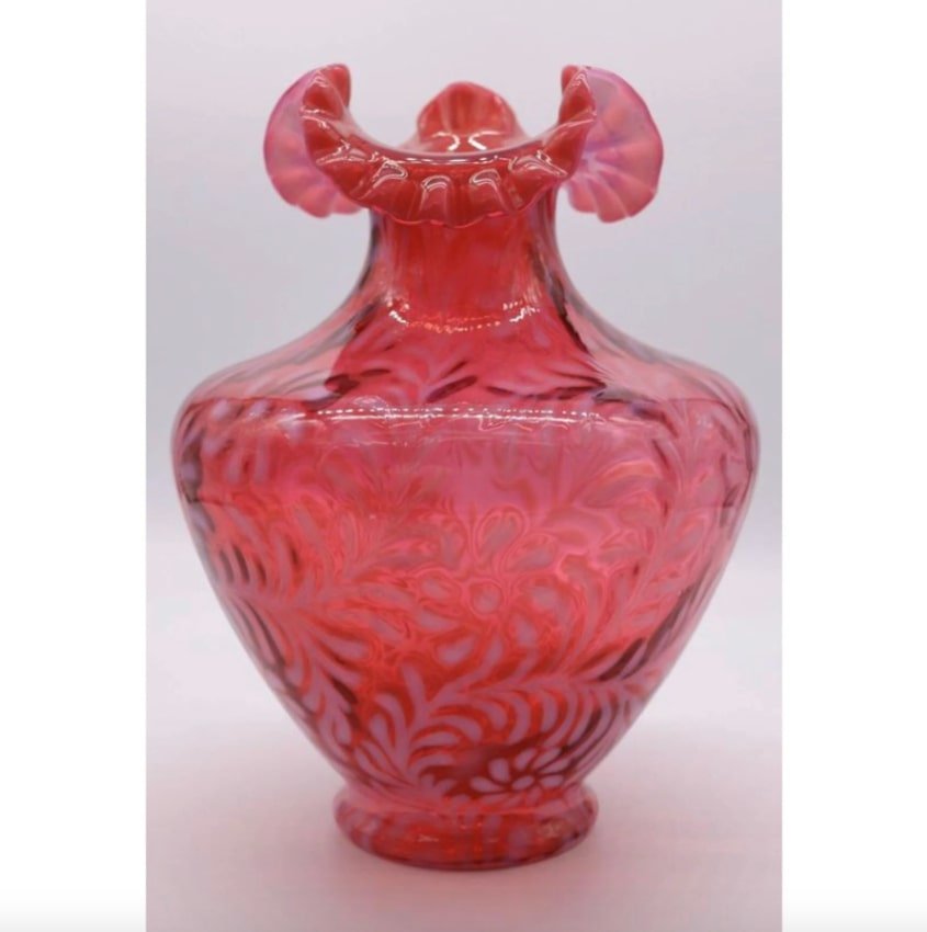 Fenton Glass Cranberry Opalescent Ruffled Daisy and Fern Large Vase (1 of 10)