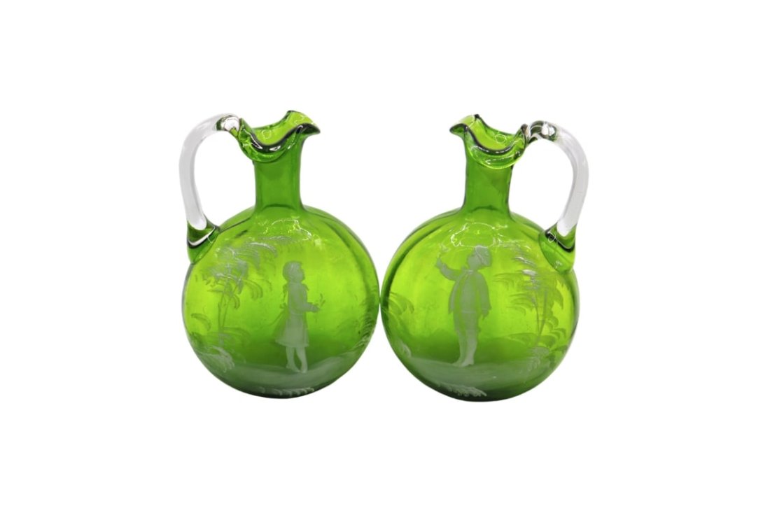 Set of 2 Antique Mary Gregory Victorian Glass Bristol Green Pitchers (1 of 10)