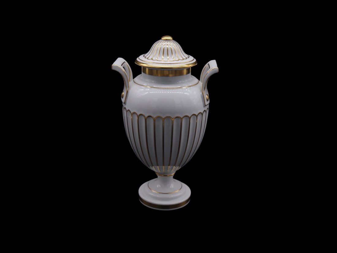RARE Furstenberg Porcelian Lidded Urn: Gorgeous and rare Furstenberg porcelain lidded urn in excellent vintage condition with no chips, scratches or cracks. The piece features gold trimming and beautiful handles with button details. These 