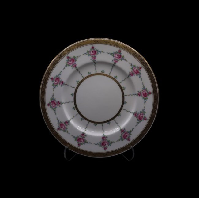 RARE Minton Bone China “Persian Rose” Dinner Plate - Gold Trim for Bagley & Co.: Gorgeous Minton bone china dinner plate in the Persian rose pattern with rare gold border. This pattern was released in 1911 and was released in a beige or blue border, the gold border was only made f