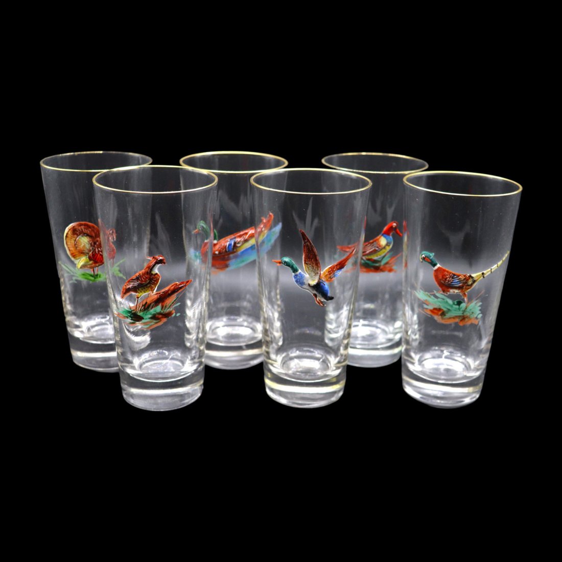 Mid Century Modern Hand Painted Enameled Game Bird Highball Bar Glasses - Set of 6: Rare set of 6 mid century modern hand painted enameled glasses with gold trim on the rim and a weighted bottom. They feature 3D hand painted game birds such as ducks, quail, pheasant and wild Turkey. 