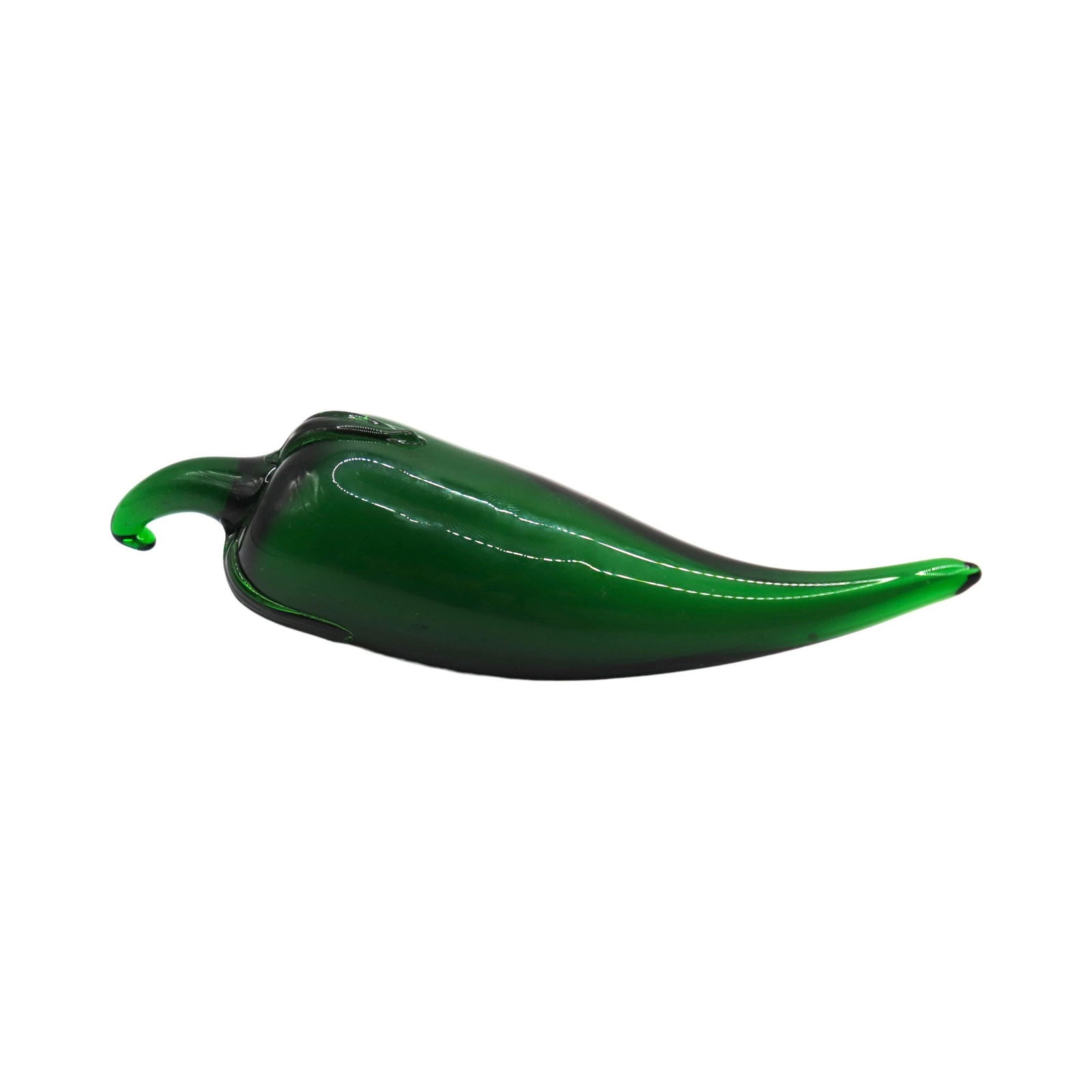 Vintage Italian Hand Blown Glass Green Jalapeño Paperweight / Hand Blown Decor: Cute Italian hand blown glass green jalapeño with applied green stem paperweight or tabletop decor in great vintage condition with no large chips, deep scratches or cracks. The piece is heavy and wou