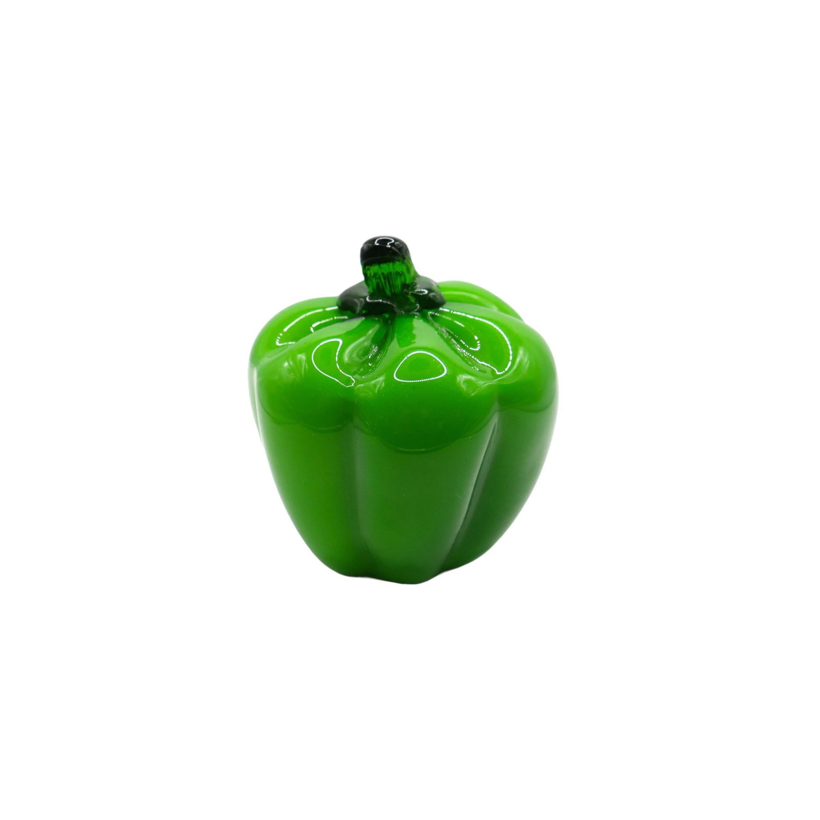 Vintage Italian Hand Blown Glass Green Bell Pepper Paperweight / Hand Blown Decor: Cute Italian hand blown glass green bell pepper with applied green stem paperweight or tabletop decor in excellent vintage condition with no chips, deep scratches or cracks. The piece is heavy and wou