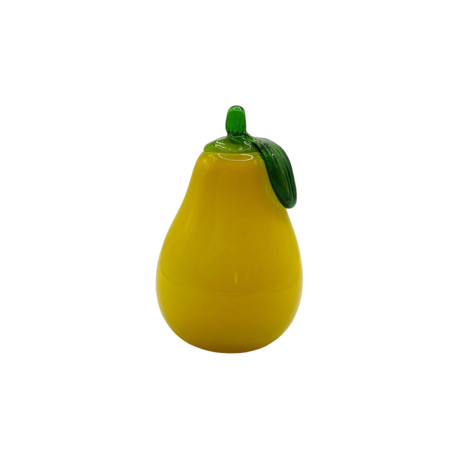 Vintage Italian Hand Blown Glass Yellow Pear Paperweight / Hand Blown Decor: Cute Italian hand blown glass yellow pear with applied green leaf paperweight or tabletop decor in excellent vintage condition with no chips, deep scratches or cracks. The piece is heavy and would be