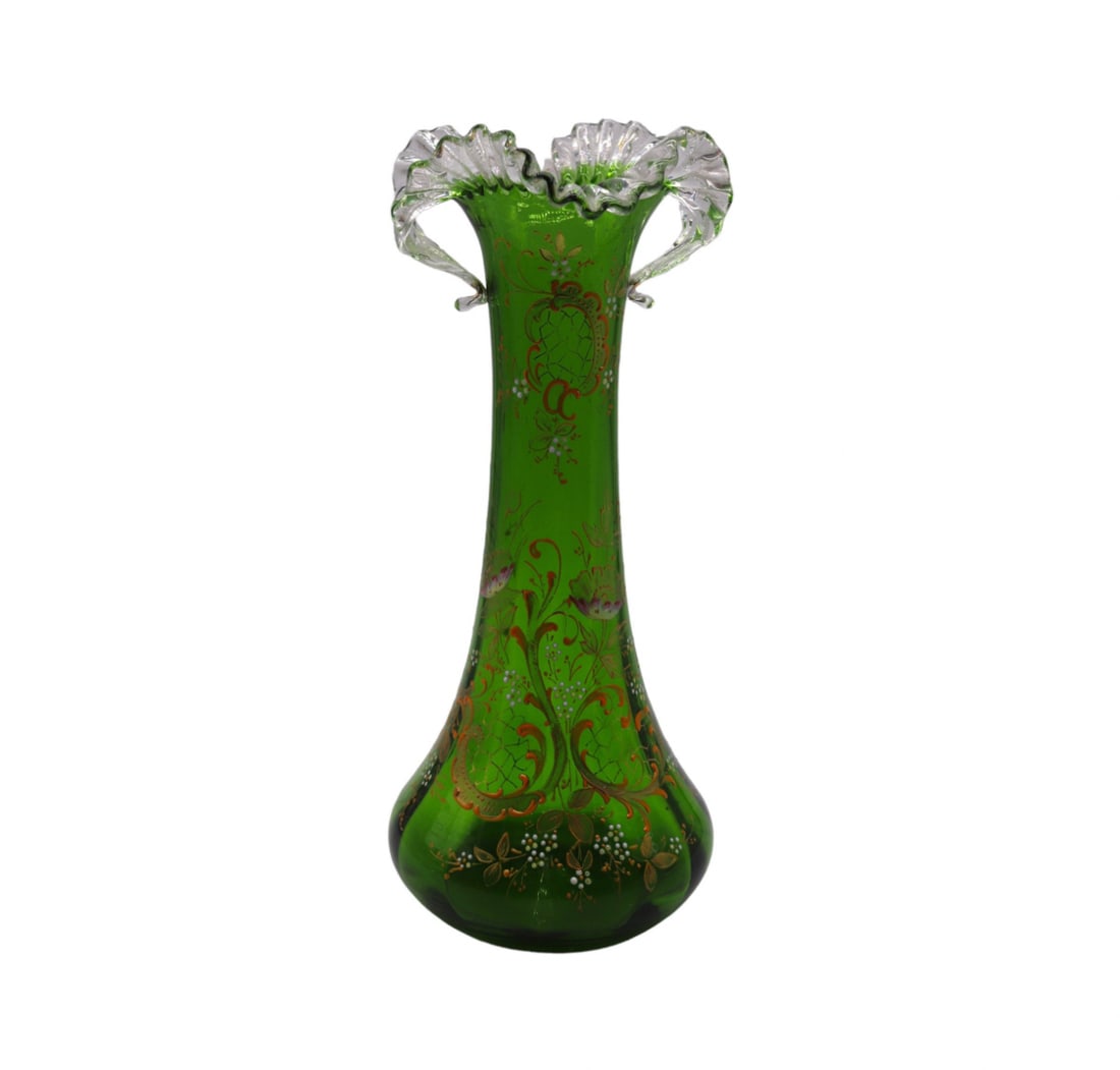 Vintage Czech Bohemian Art Glass Emerald Green Ruffled Rim Vase (1 of 9)
