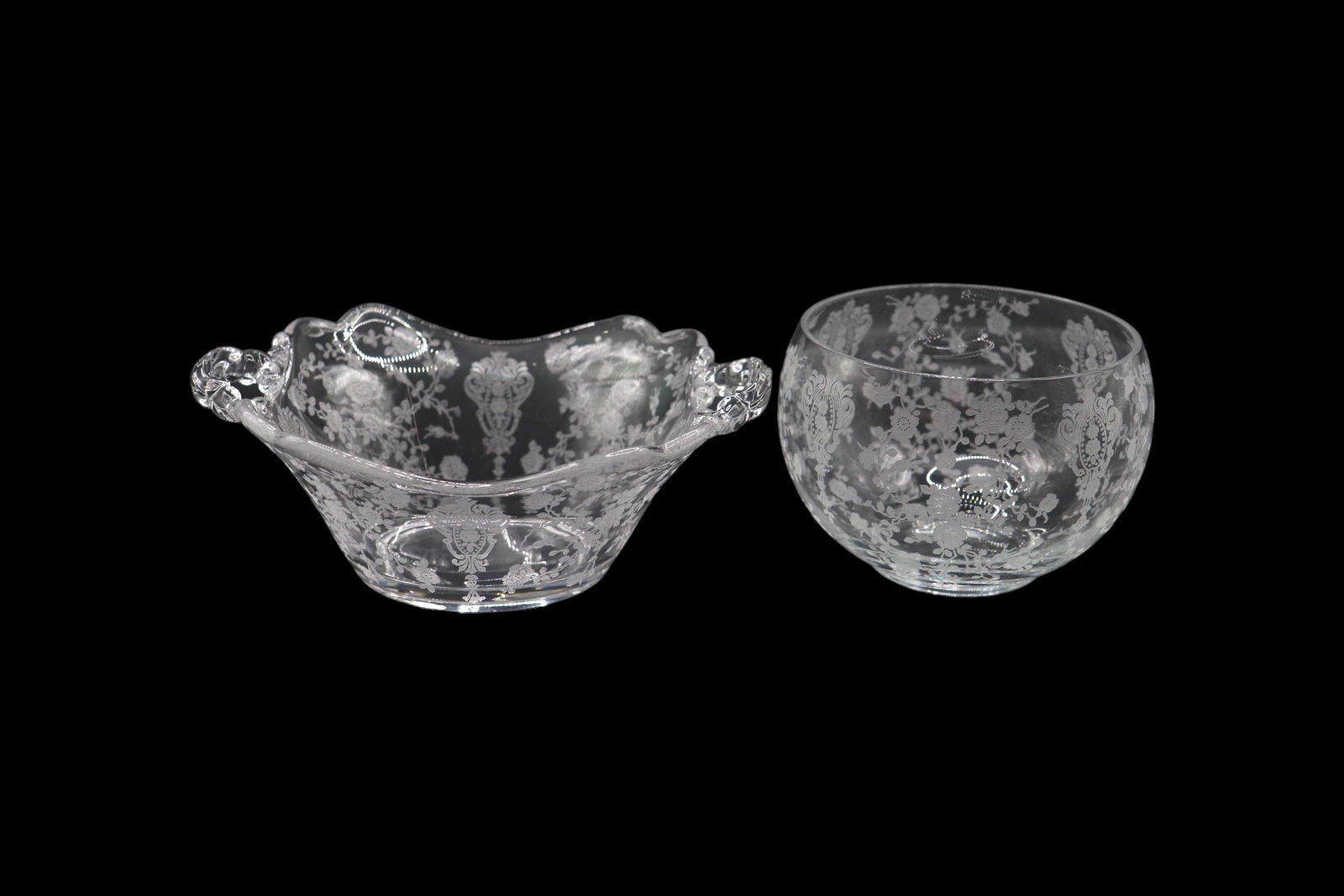 Set of Cambridge Glass “Rose Point” Serving Bowls: Lot includes pair of Cambridge Glass bon bon bowl and round mayonnaise bowl in the Rose Point pattern released in 1934 and discontinued in 1958. Pieces are in great condition with no noticeable damage