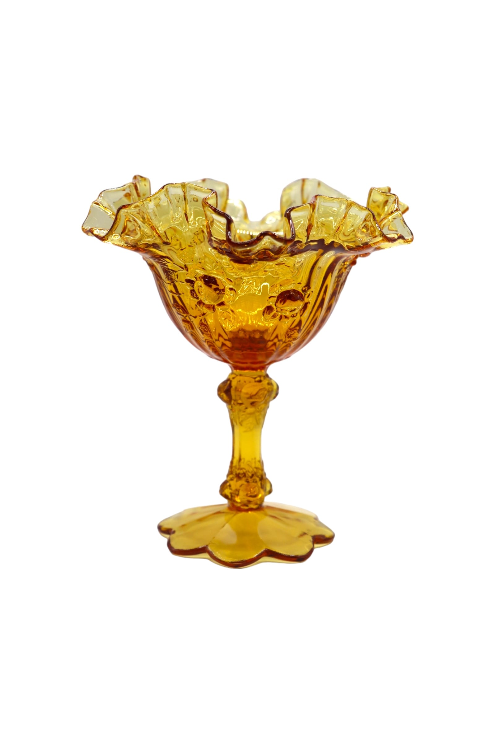 Fenton Art Glass Amber Rose Small Comport: Fenton Art glass Amber Rose rufflle small comport in great condition with no noticeable damage. The piece features a floral design and was released in 1967 and discontinued in 1984. Does not come with