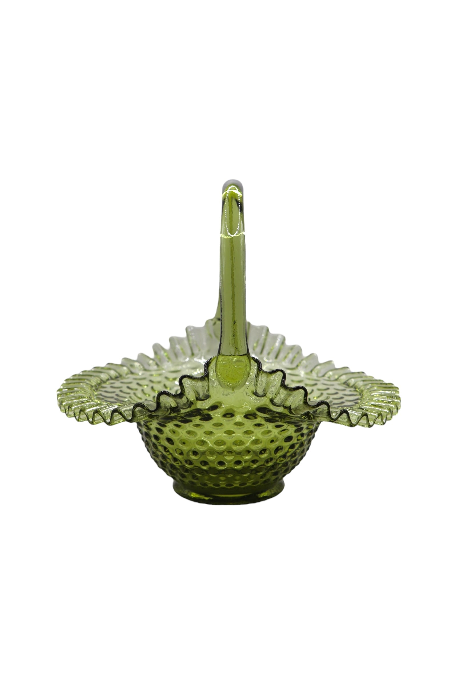 Fenton Art Glass Colonial Green Hobnail Ruffled Edge Large Basket: Fenton Art glass colonial green rufflled edge hobnail large basket in great condition with no noticeable damage. The piece features a pretty green color and is 9” inches tall and 10” inche