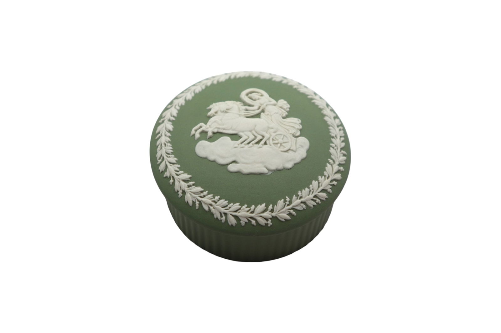 Vintage Wedgwood Cream on Celadon Jasperware Small Round Fluted Trinket Box (1 of 4)