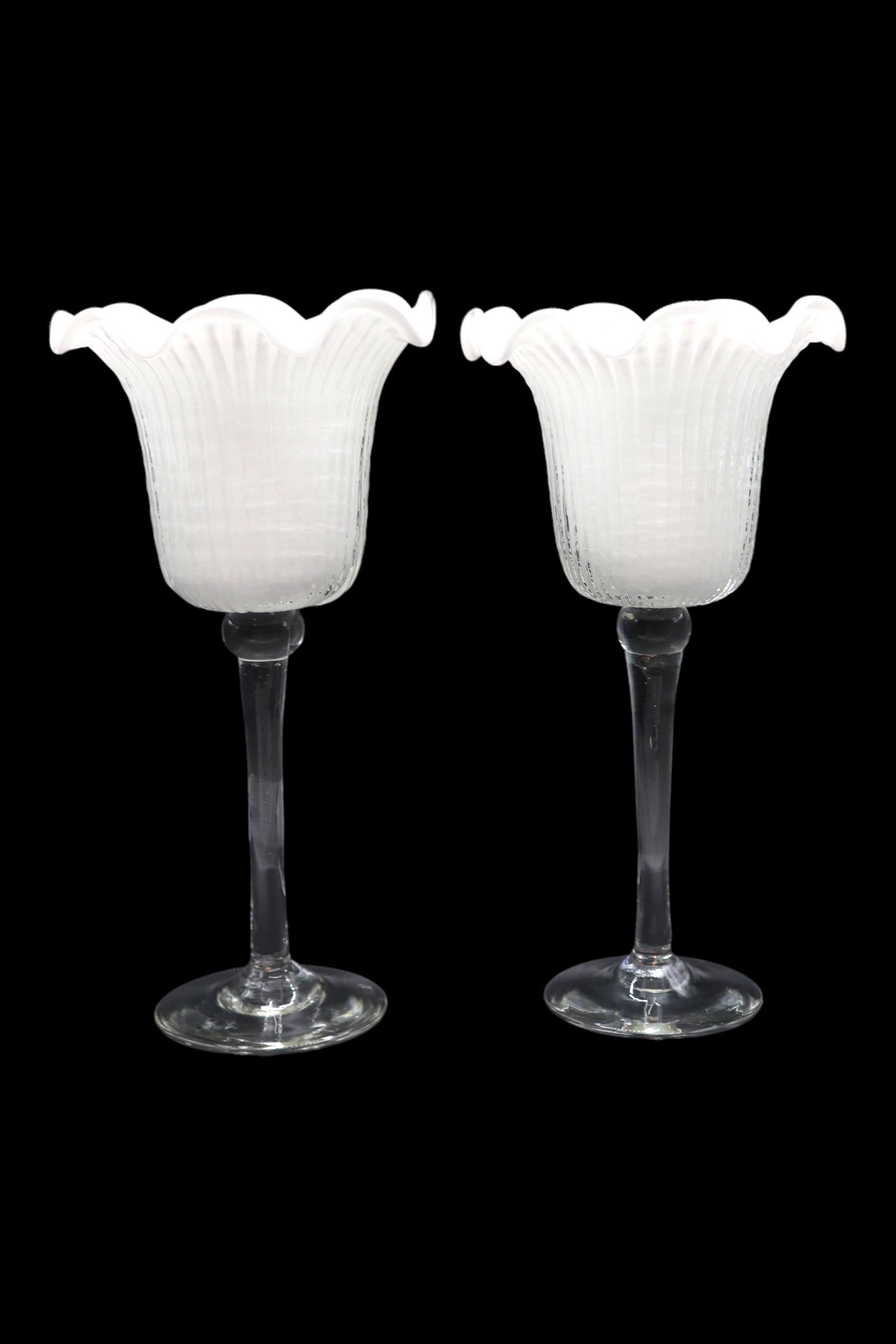 Pair of Vintage Floral White Frosted Glass Long Stemmed Candle Holders (1 of 4)