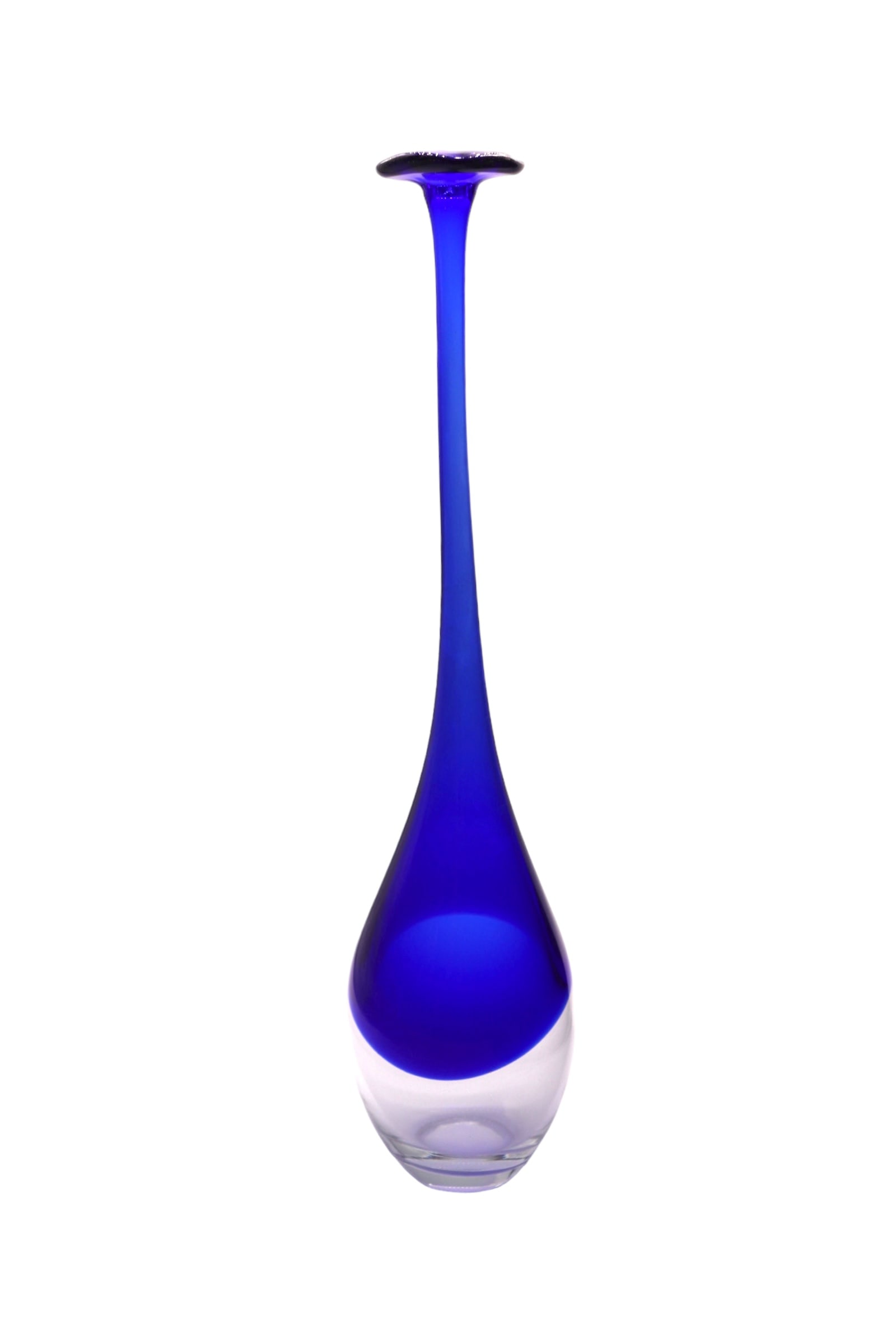 Kosta Boda Kjell Engman Style Blue & Clear Art Glass Vase: Attributed to Kosta Boda this impressive slim neck Art glass vase would be an excellent addition to any collection. The piece is blue with a clear base and is in great condition with no noticeable dam