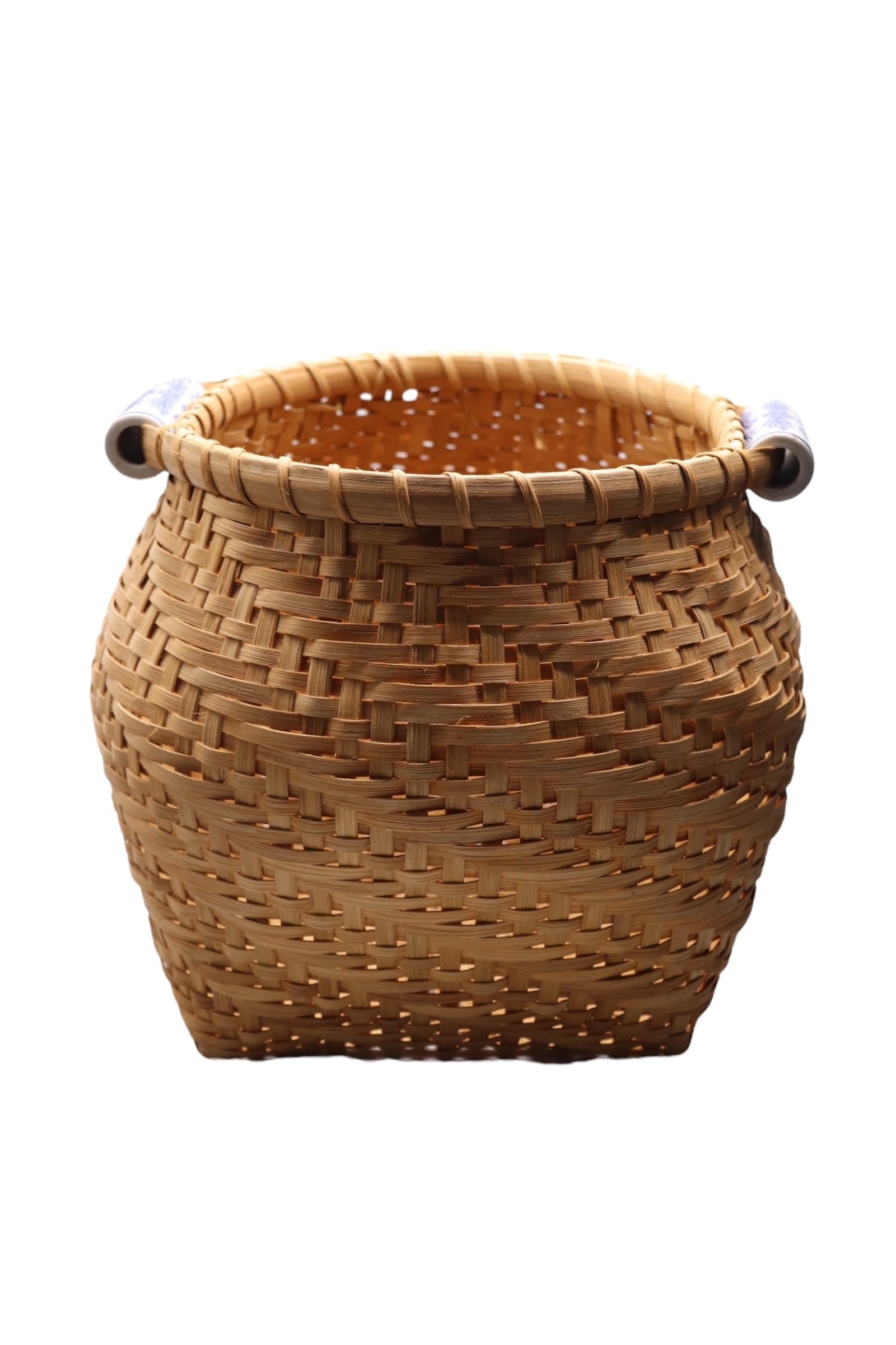 Vintage Woven Basket w/ Chinoiserie Blue & White Ceramic Handles (1 of 3)