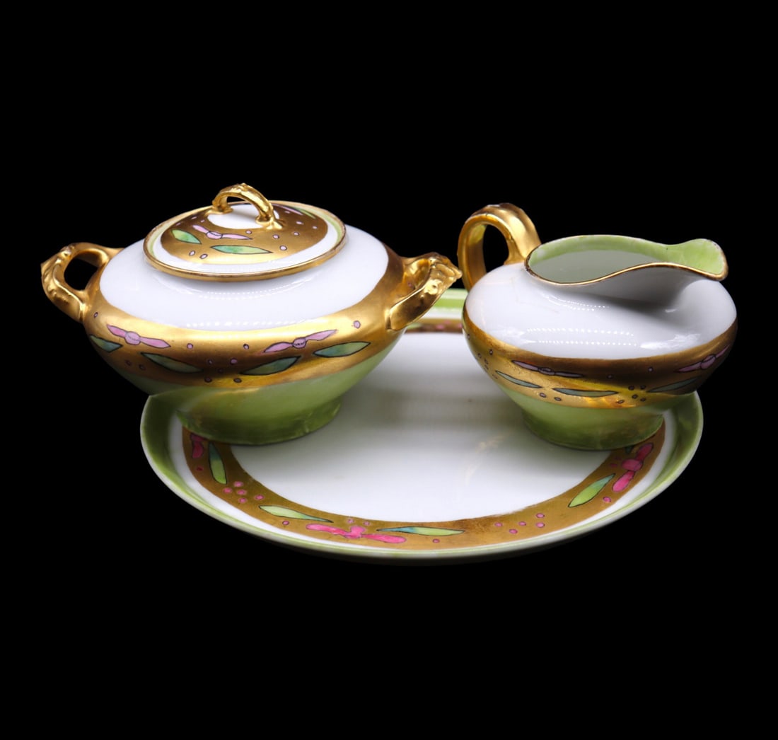 T&V Limoges Hand Painted Creamer, Lidded Sugar and Serving Tray (1 of 5)