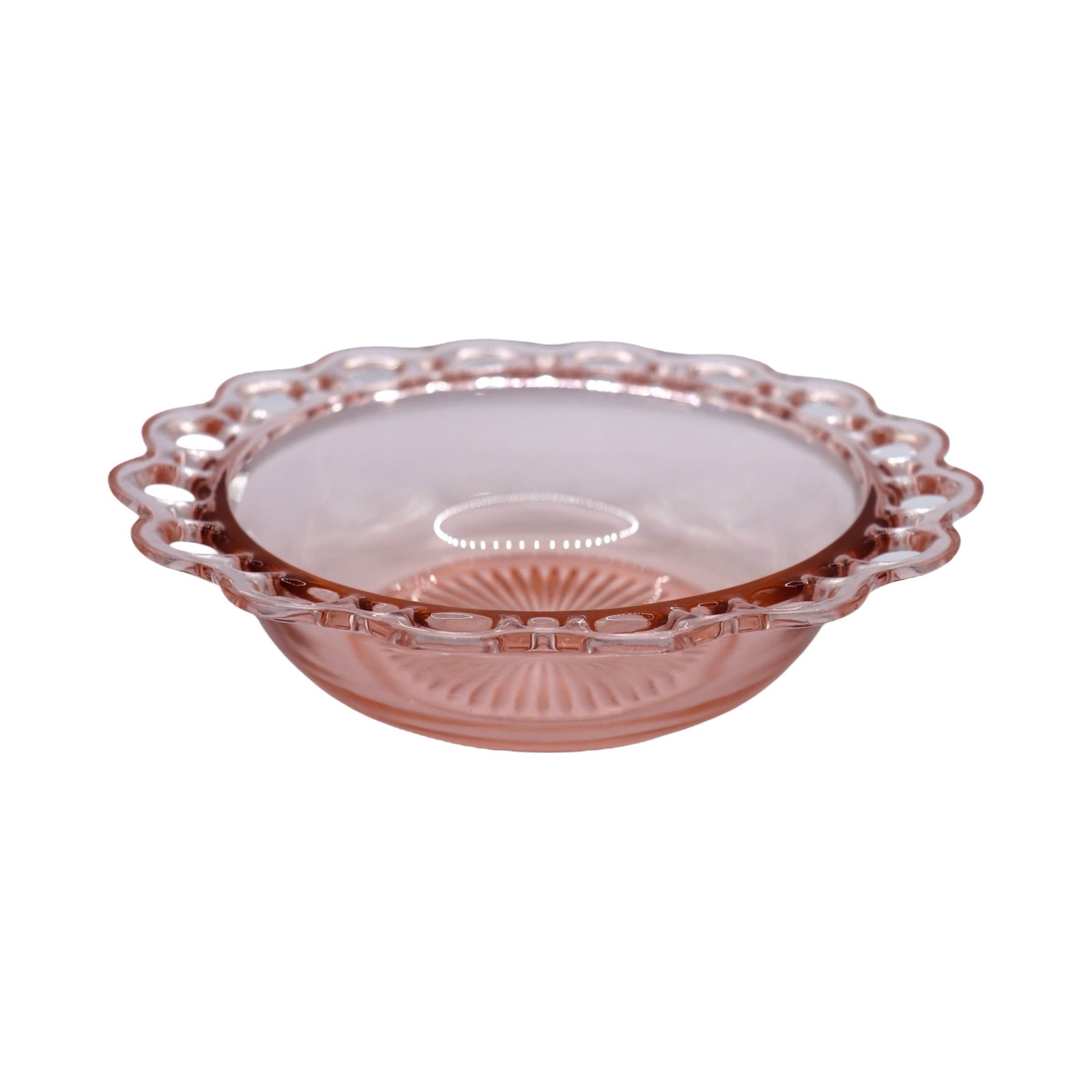 Vintage Anchor Hocking Lace Edge Pink 9” Inch Round Bowl: Vintage Anchor Hocking large round bowl on the lace edge pink pattern which was released in 1935 and discontinued in 1938. The piece is in great condition with no noticeable damage or repairs. The pie