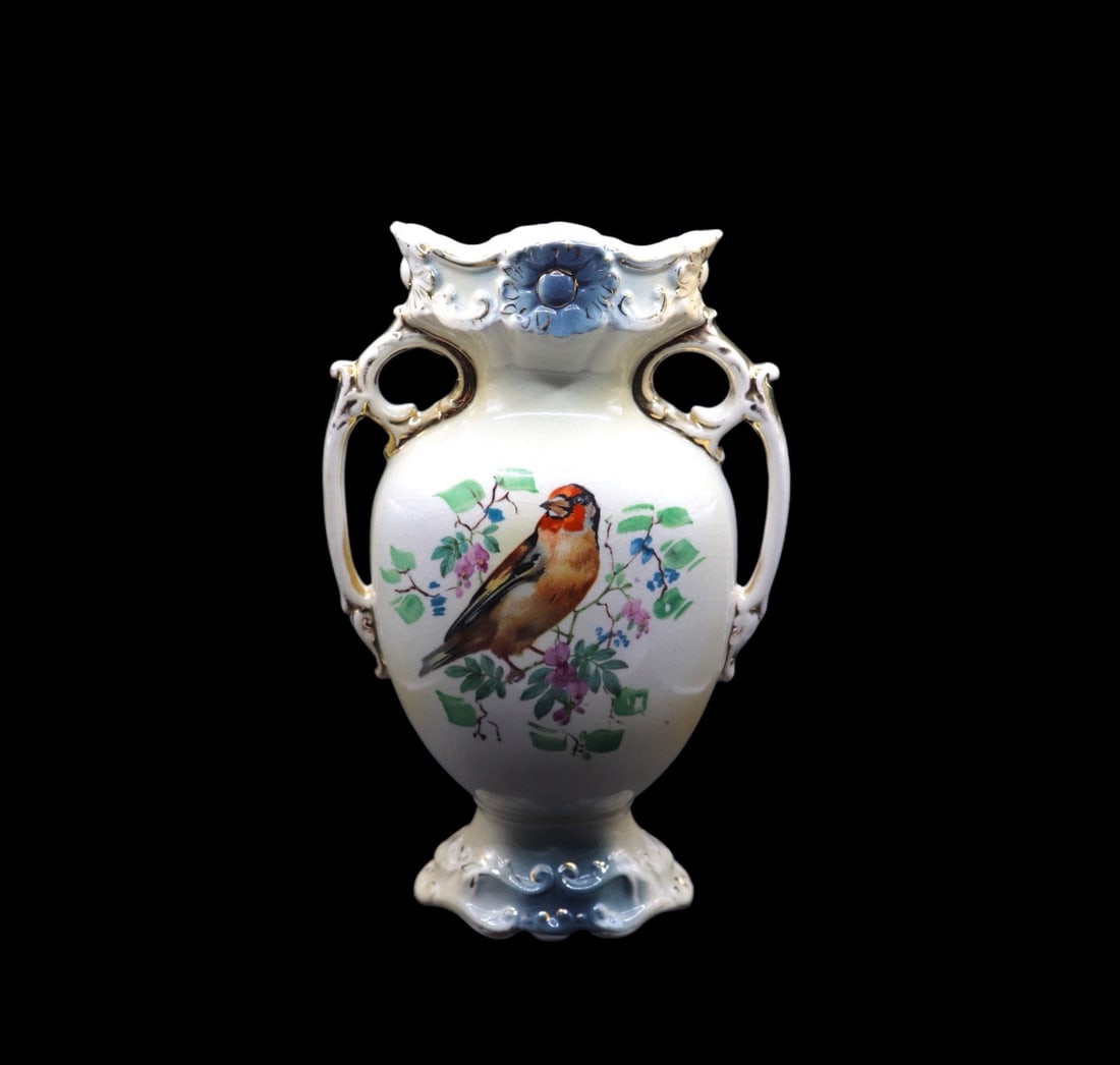 Antique English Art Pottery Handled Bird & Floral Design Vase (1 of 3)
