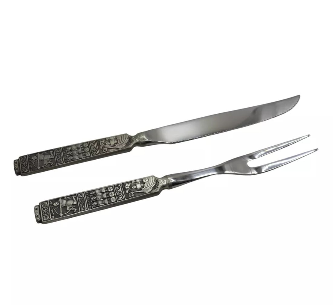 Hardanger Kongetinn Viking Scene Pewter Carving Set w/ Original Box (1 of 3)