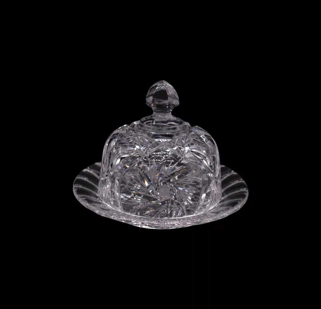 Vintage Lead Crystal Cut Glass Round Butter or Cheese Dish with Lid (1 of 3)
