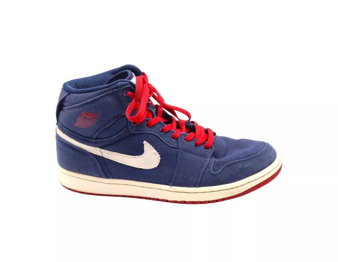 Pre-Owned Men’s OG Nike Air Jordan Olympic Retro 1 High Strap Sneakers - Size 12: Rare pre-owned OG Nike Air Jordan Olympic retro 1 high top sneakers in good vintage condition with some signs of wear and use and some light staining. The sole is intact and shows light use. This woul
