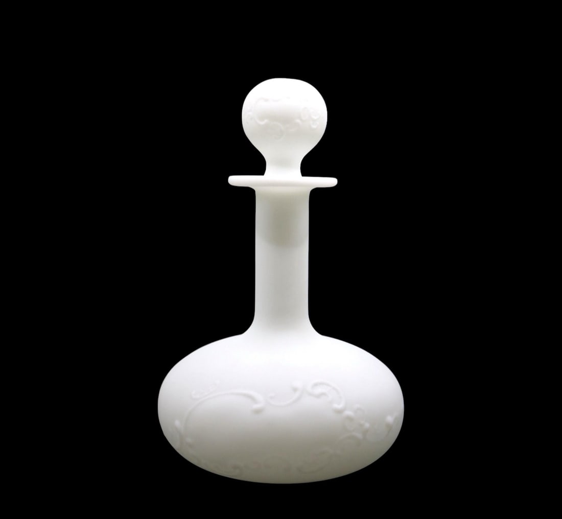 Antique Victorian White Satin Milk Glass Embossed Decanter (1 of 3)