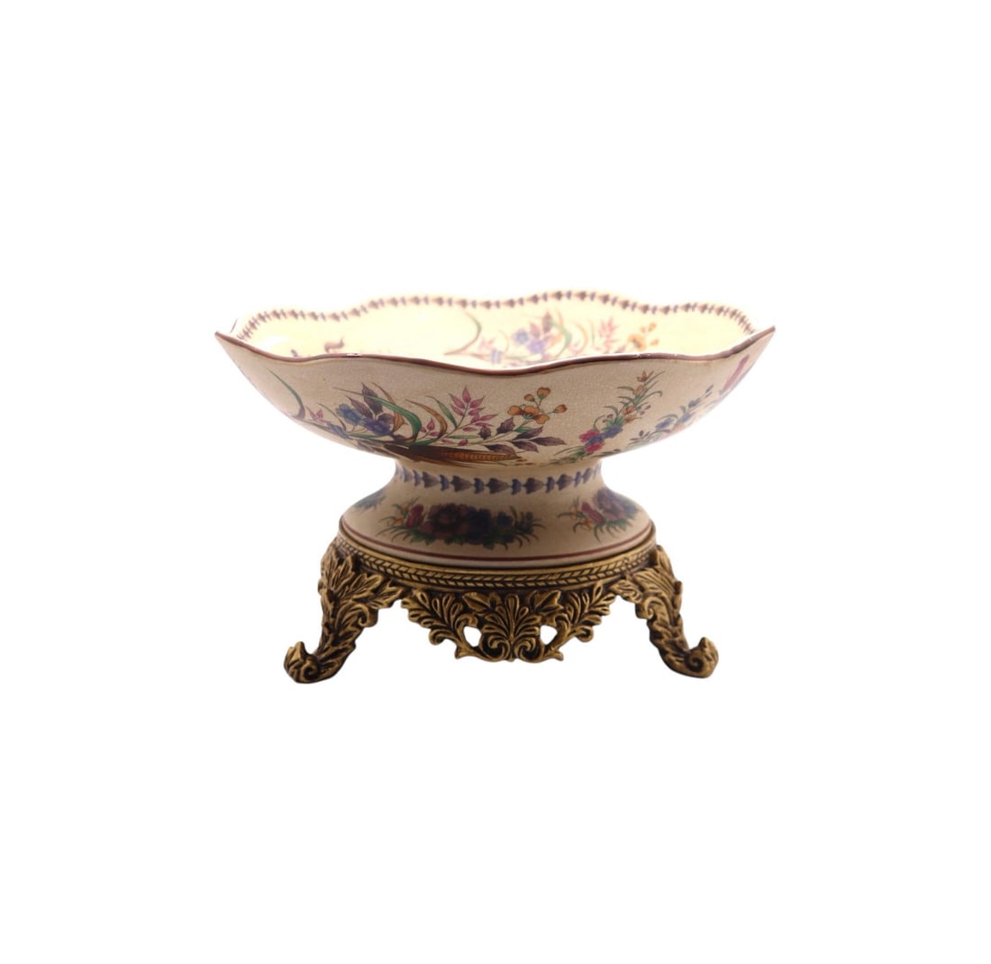 Antique-Style Floral Ceramic Centerpiece Bowl with Gold Ornate Base (1 of 3)